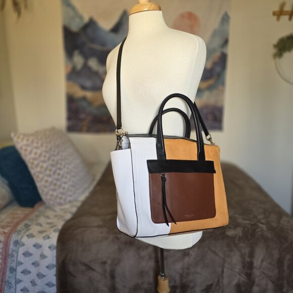 Coach Bleecker Riley 30150 Colorblock Leather Satchel Tote Bag Tan Black White - Picture 3 of 16